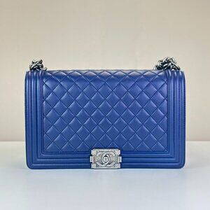 Chanel Blue Leather Lambskin Medium Large Boy Bag Shoulder Bag Crossbody